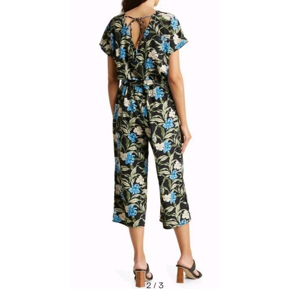 Kensie Jeans Tie Back Linen Blend Jumpsuit In Hibiscus Sky Combo Large - Picture 1 of 15